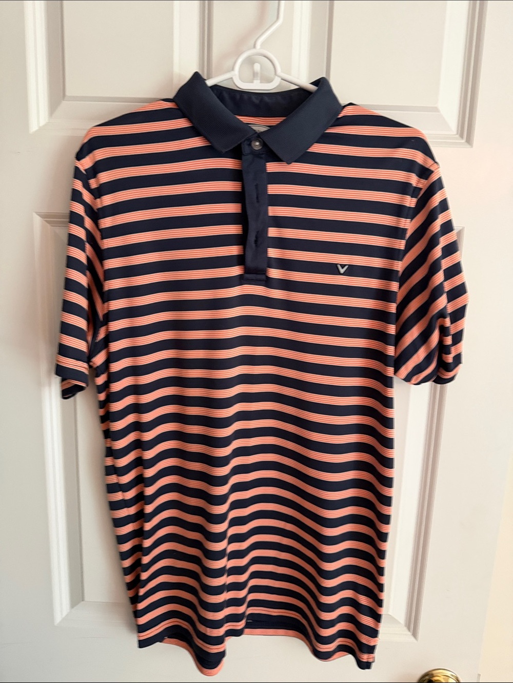Callaway Navy and Coral Striped Golf Polo